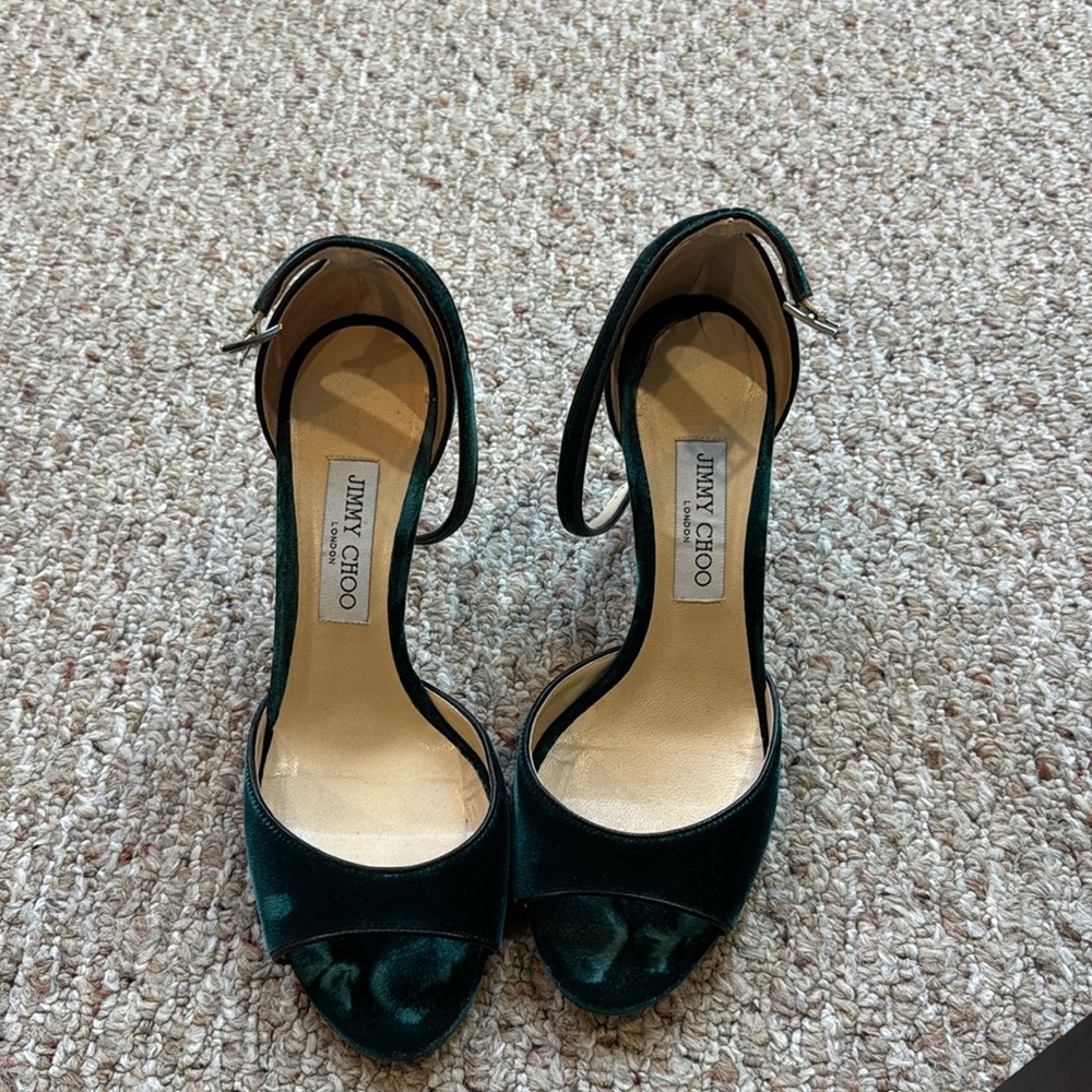 Jimmy Choo green velvet heels with ankle strap